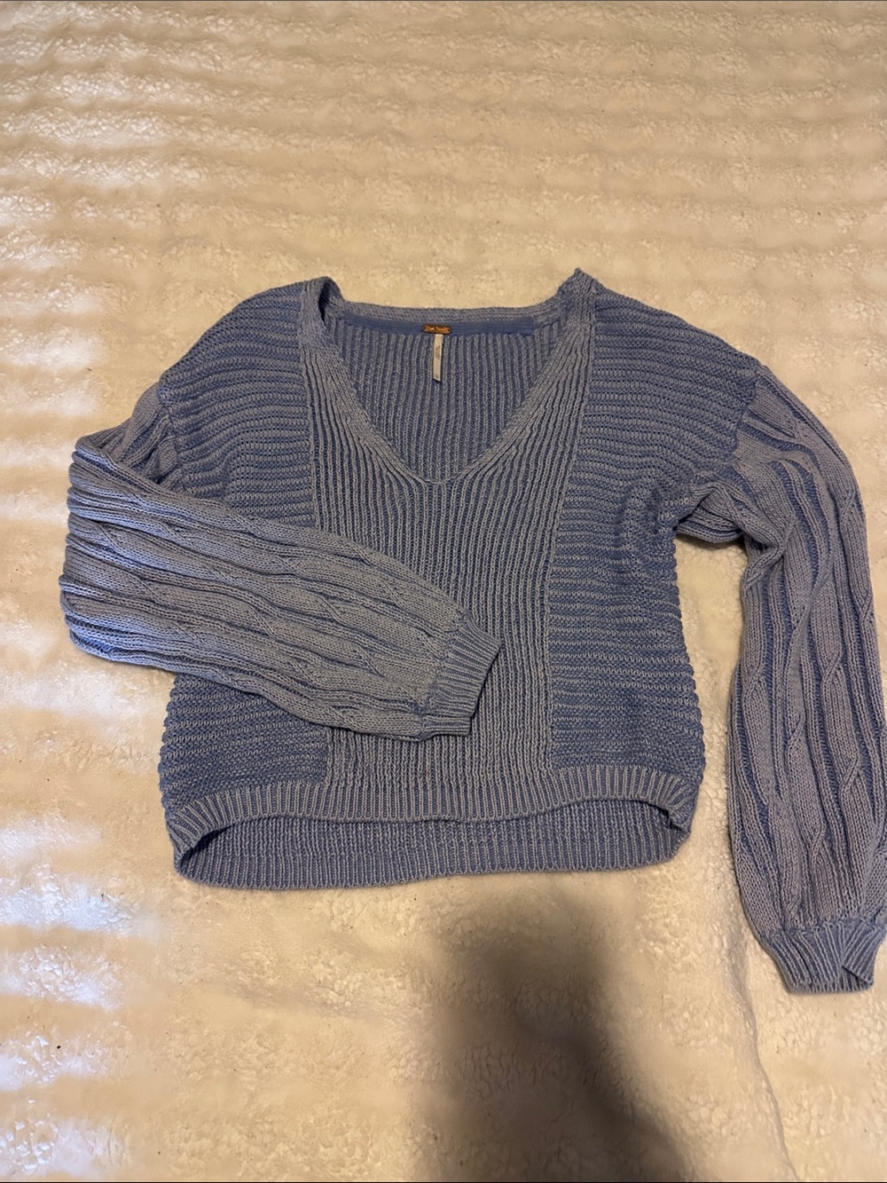 Free People Powder Blue V-Neck Textured Knit Sweater